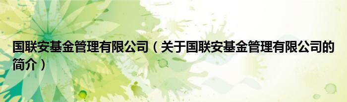 国联安基金管理有限公司（关于国联安基金管理有限公司的简介）