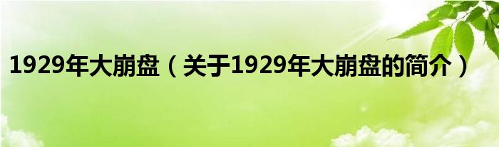 1929年大崩盘（关于1929年大崩盘的简介）