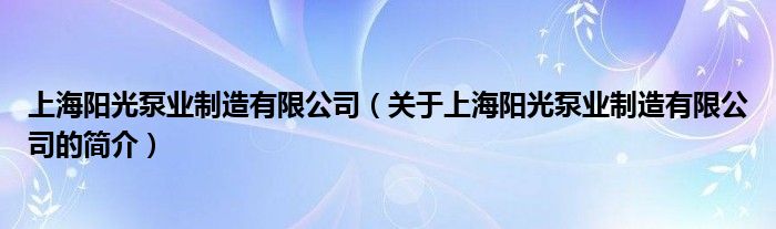 上海阳光泵业制造有限公司（关于上海阳光泵业制造有限公司的简介）