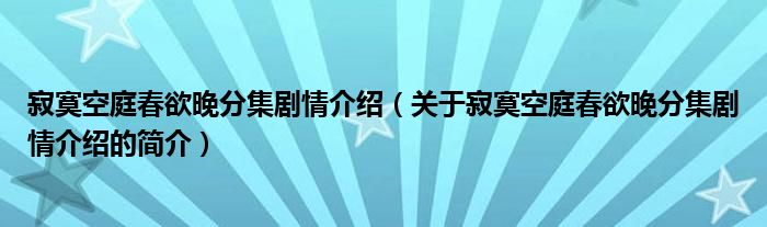 寂寞空庭春欲晚分集剧情介绍（关于寂寞空庭春欲晚分集剧情介绍的简介）