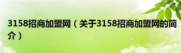 3158招商加盟网（关于3158招商加盟网的简介）