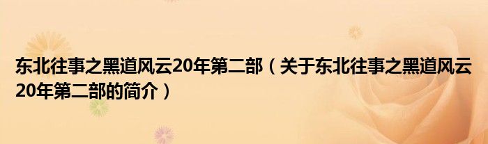 东北往事之黑道风云20年第二部（关于东北往事之黑道风云20年第二部的简介）