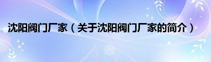 沈阳阀门厂家（关于沈阳阀门厂家的简介）