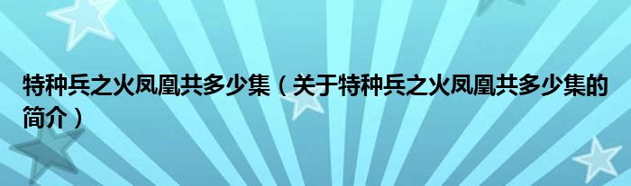 特种兵之火凤凰共多少集（关于特种兵之火凤凰共多少集的简介）