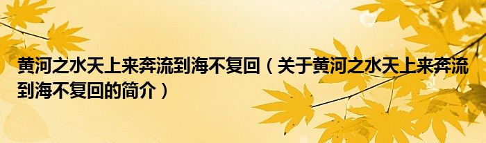 黄河之水天上来奔流到海不复回（关于黄河之水天上来奔流到海不复回的简介）