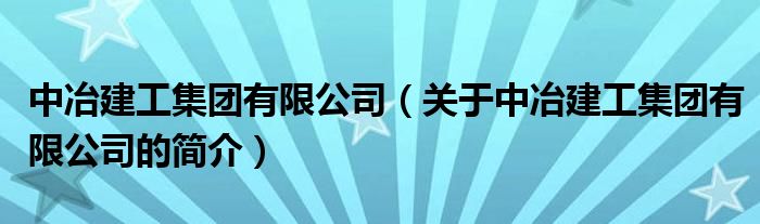 中冶建工集团有限公司（关于中冶建工集团有限公司的简介）