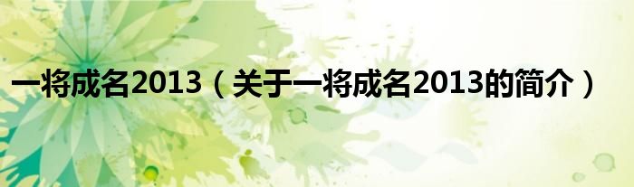 一将成名2013（关于一将成名2013的简介）