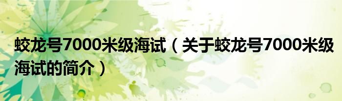 蛟龙号7000米级海试（关于蛟龙号7000米级海试的简介）